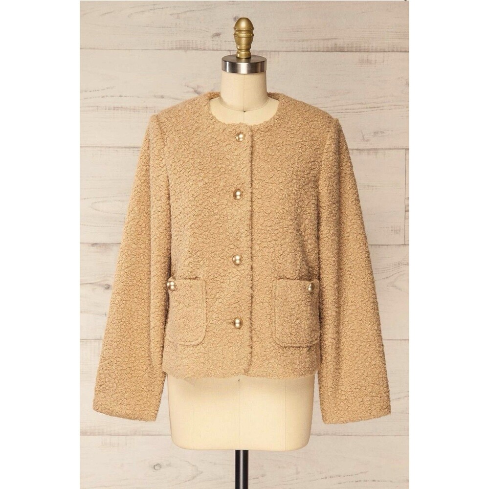 Sadie & Sage Beige Bouclé Teddy Jacket Gold Button Boxy Cropped Large
